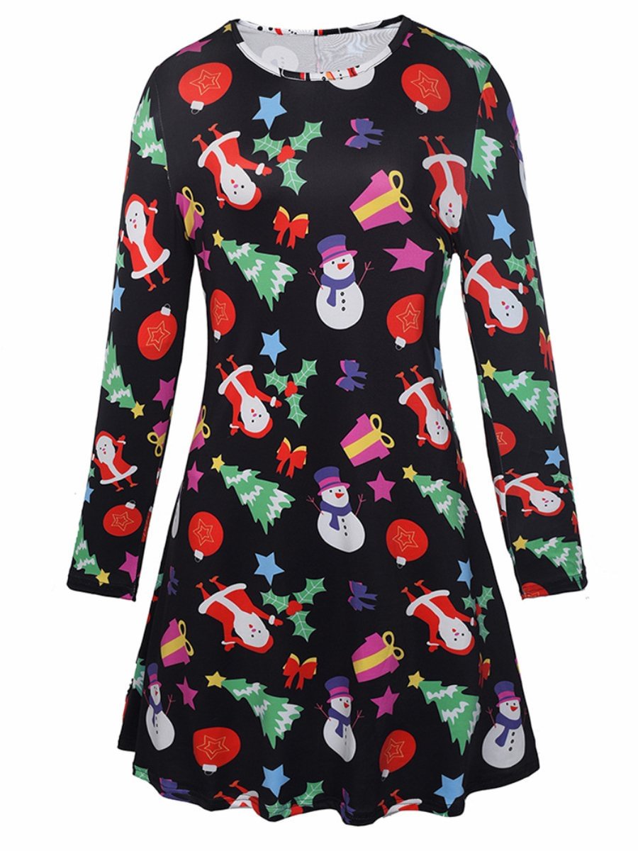 Christmas Dress For Girls Round Neck Printed Parent-child Knee Length Dress