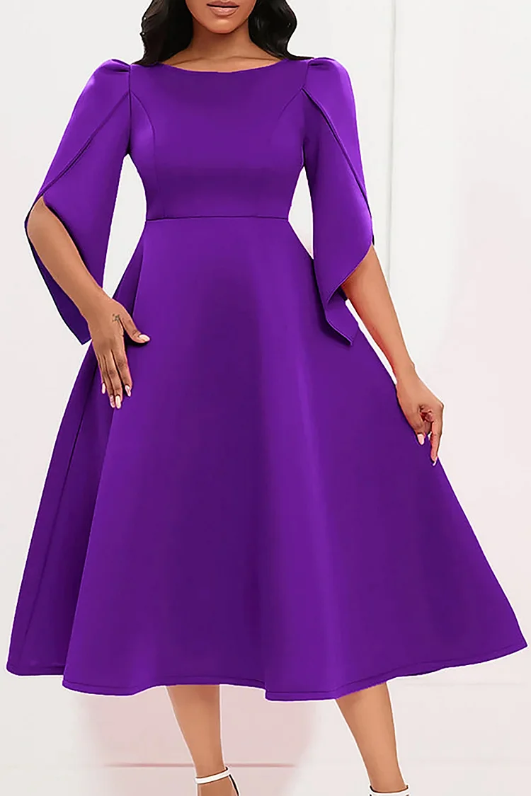Plus Size Semi Formal Dress Purple Half Sleeve A-Line Round Neck Knitted Midi Dress 