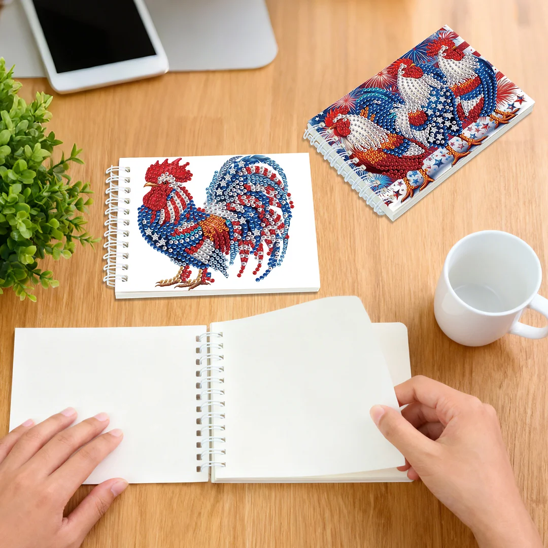 2 Pack USA Flag Rooster DIY Diamond Art Spiral Notebook Kit 80Pages No Lines