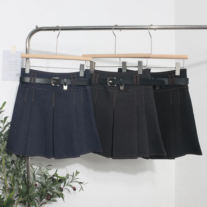 Uveng Spring And Summer Women's Retro Modern Hit Color Clear Line Pressure Skirt Anti-Light Short Skirt With Belt 8299