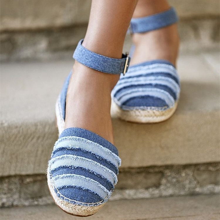 Blue Denim Ankle Strap School Shoes Straw Comfortable Flats |FSJ Shoes