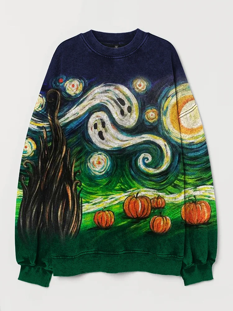 Broswear Halloween Starry Night Art Washed Sweatshirt