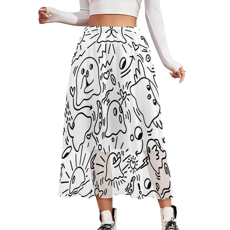 Double Layer Chiffon Skirt Octopus Graffiti White  customized, personalized, gift