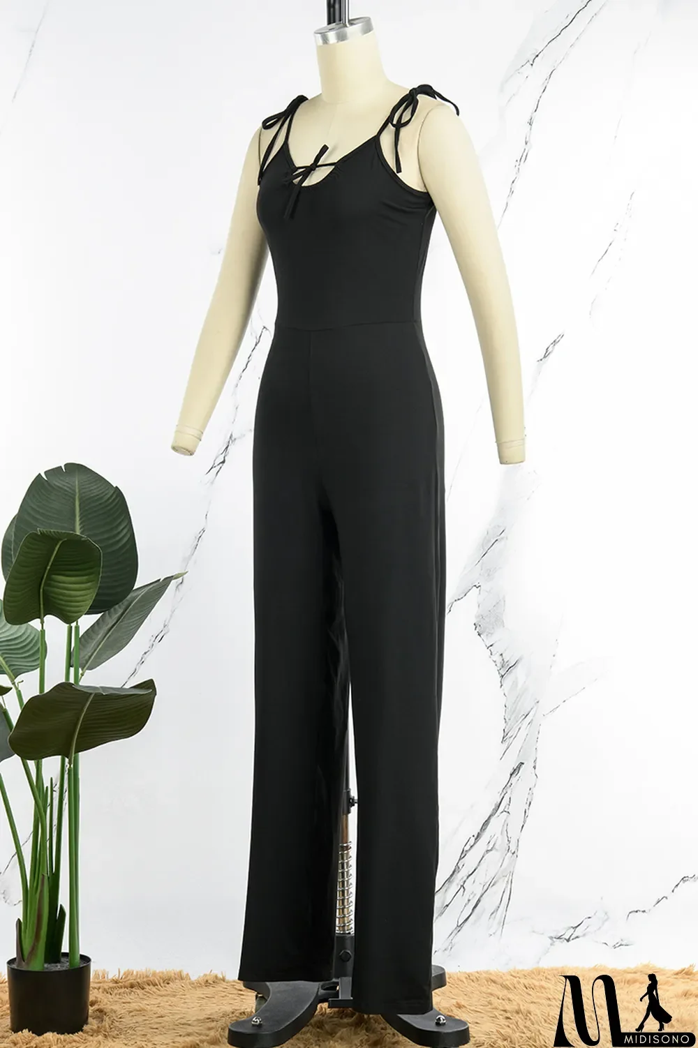 MidiSono - Tangerine Red Sexy Casual Solid Bandage Backless Spaghetti Strap Regular Jumpsuits