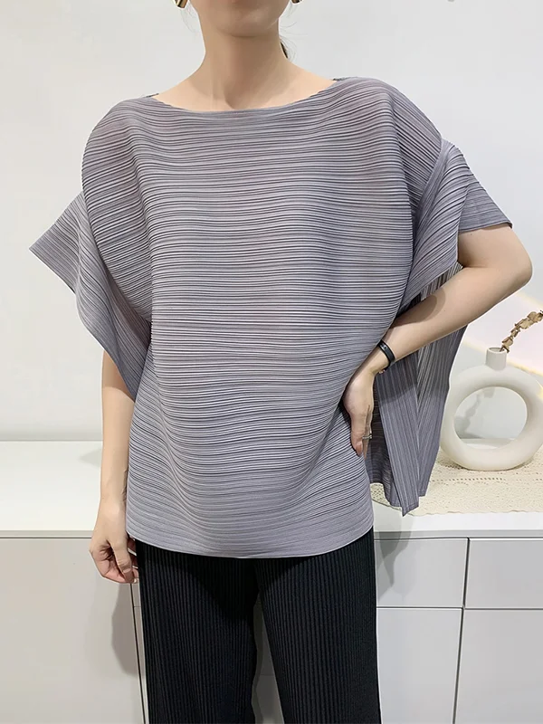 Solid Color Pleated Short Sleeves Loose Round-Neck T-Shirts Tops