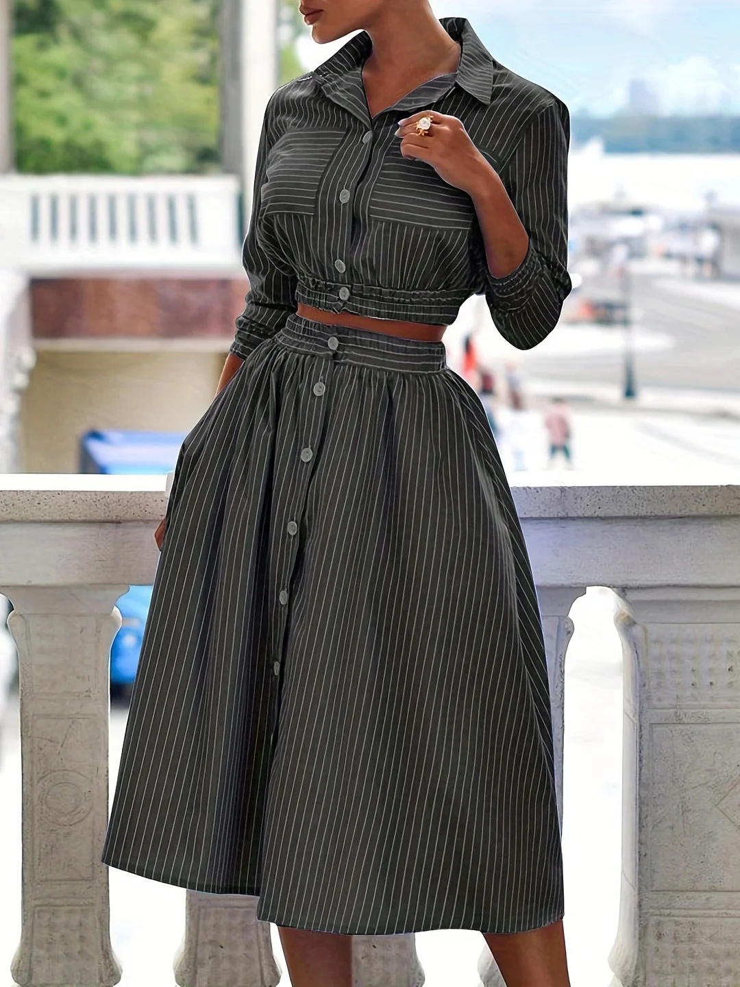 Toloer Toloer Spot 2023 Autumn And Winter New Fashion Temperament Long Sleeve Striped Shirt Suit Skirt Two Sets-Outfit Ideas