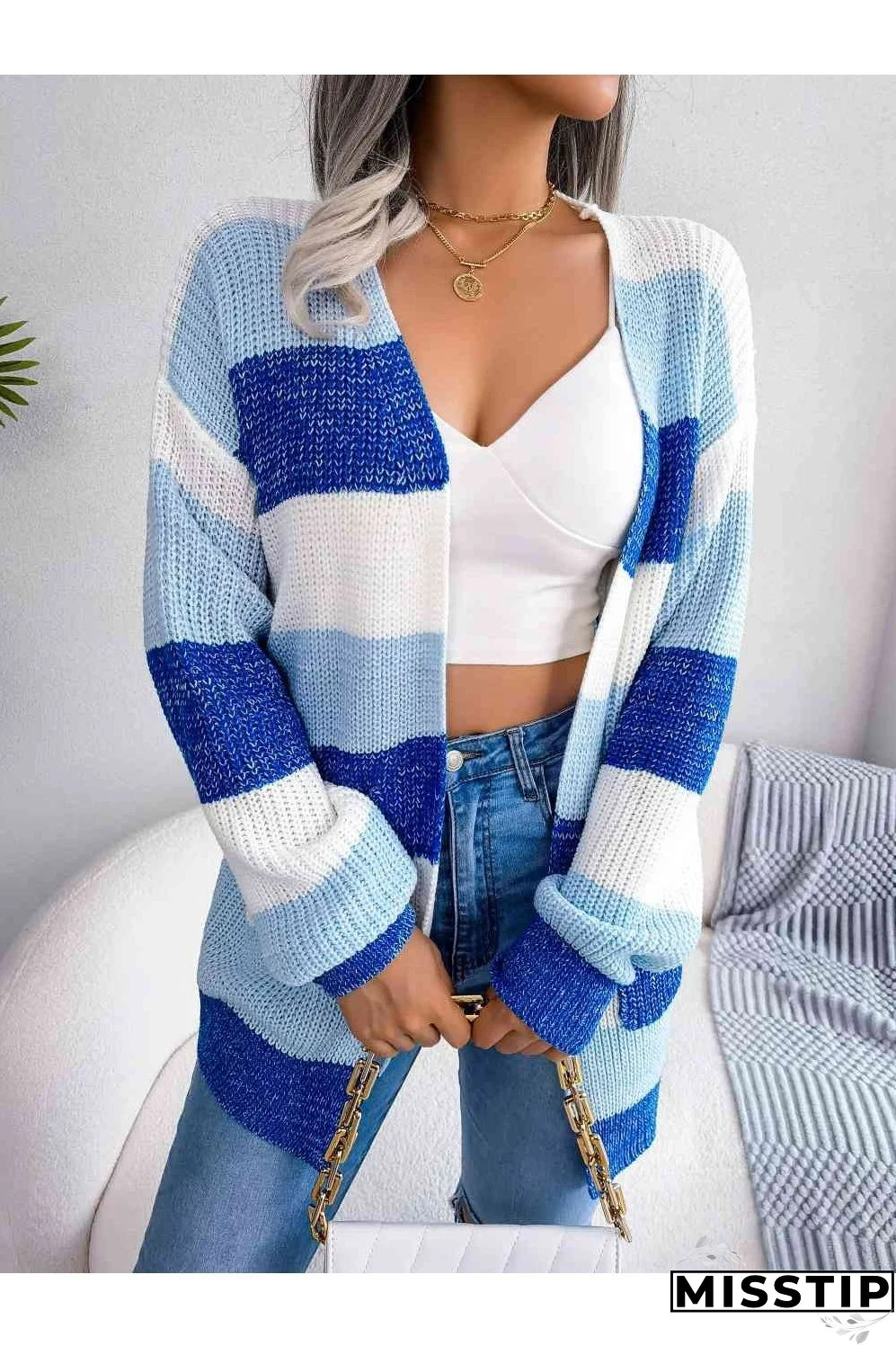 Striped Rib-Knit Open Front Longline Cardigan