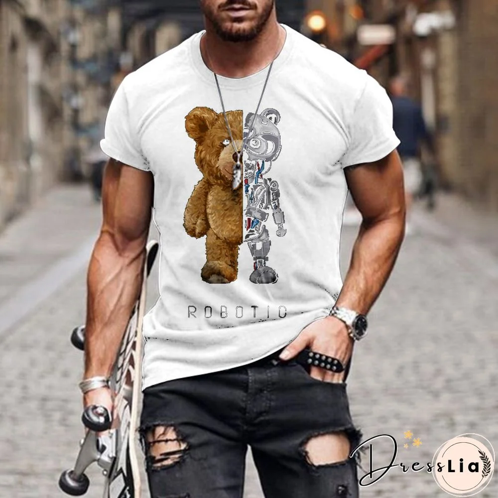 Loose Teddy Bear Fashion Collarless Black T-shirt Short Sleeve Men