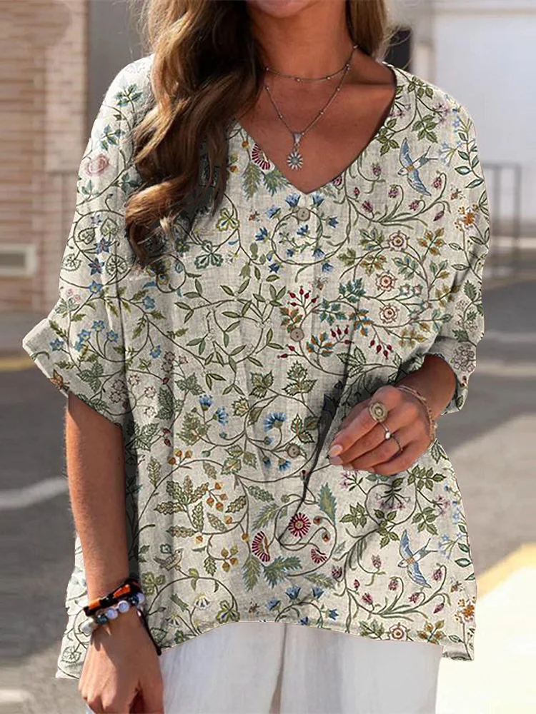Vintage Style Spring Garden And Swallow Pattern Printed Women's Casual Linen V-Neck Shirt