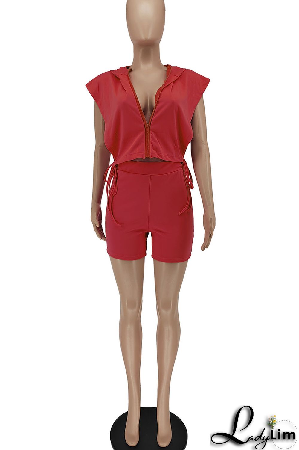 Rose Red Sexy Solid Split Joint Zipper Hooded Collar Sleeveless Two Pieces