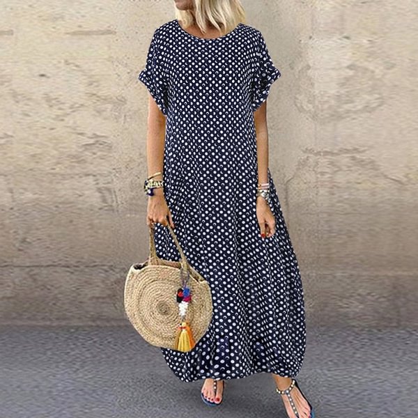 Ladies Summer Short Sleeve Polka Dot Long Dress Casual Loose Kaftan Maxi Dresses - BlackFridayBuys