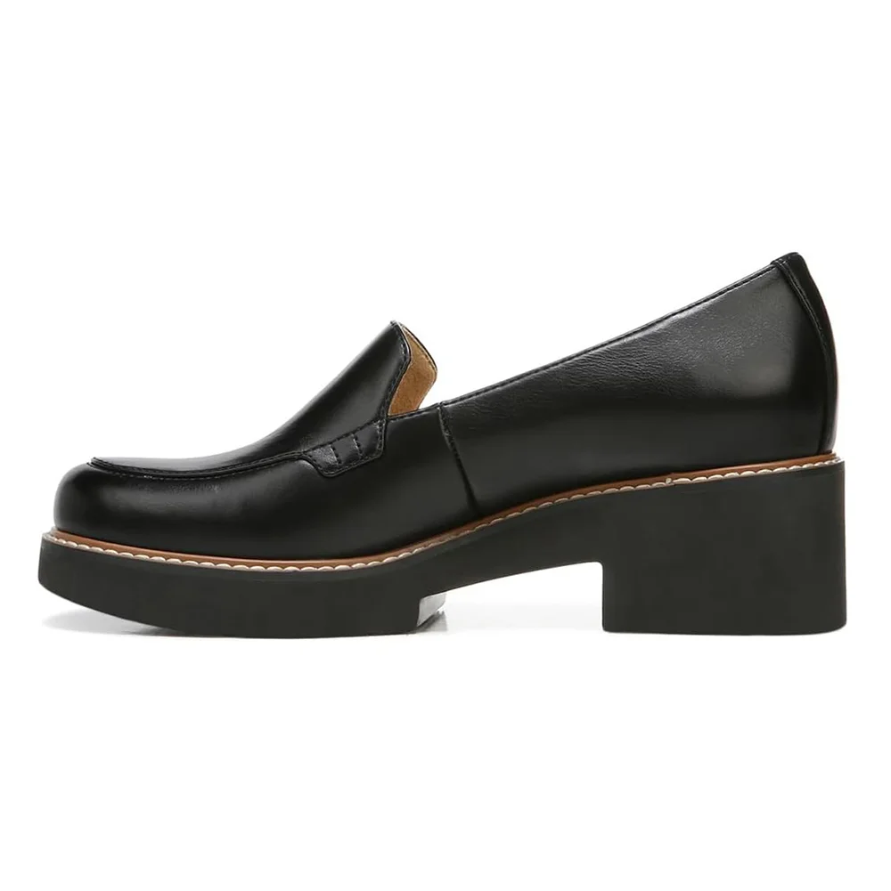 Black Vegan Leather Round Toe Office Shoes Chunky Loafers Women
