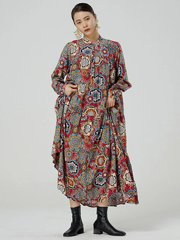 Vintage Contrast Color Printed Long Sleeves Loose Midi Dresses