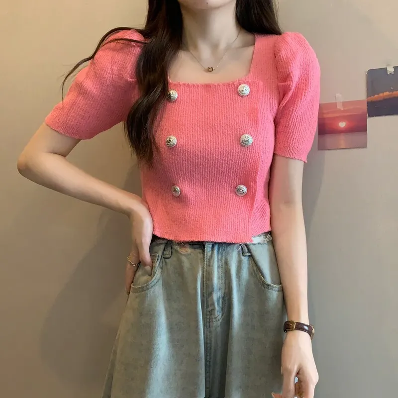 Uveng Uveng New French Gentle Style Design Double Buckle Bubble Sleeve T-Shirt Knitted Short Top