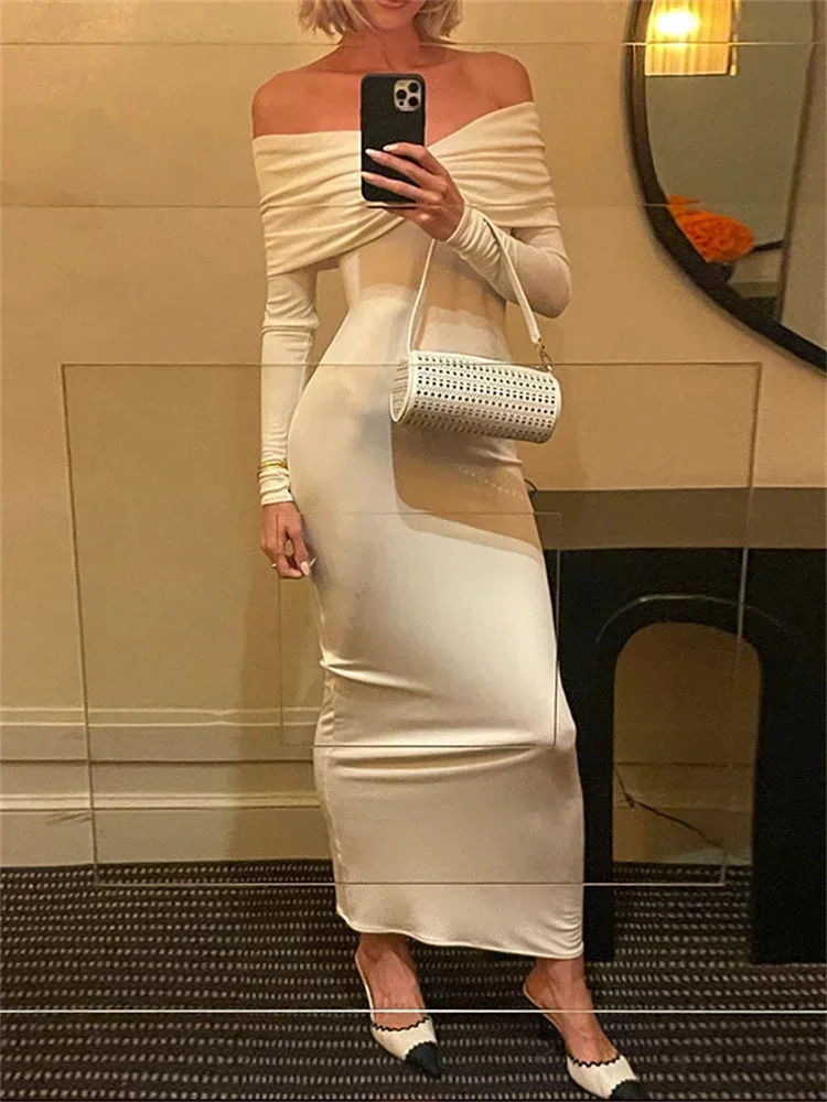 Huiketi White Pleated Slim Maxi Dress Elegant For Women Patchwork Off-Shoulder Fashion High Waist Dress Ladies Solid Party Dress