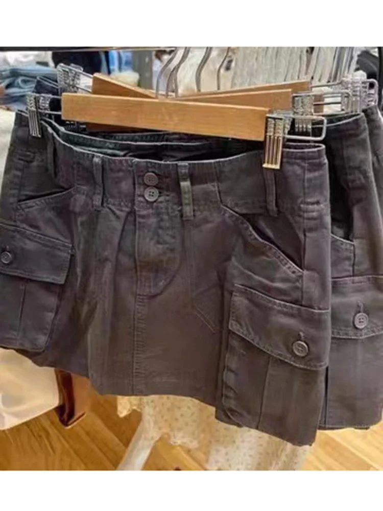 Aonga Casual Women Solid Cargo Pants Women Pockets High Waist A-line Mini Skirts Female Y2k Streetwear Cotton Bottoms 2025 aonga
