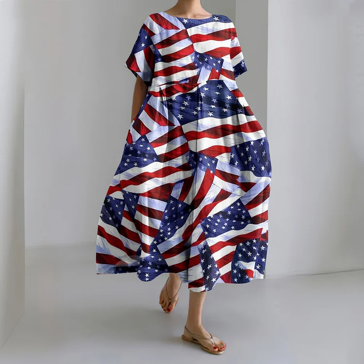 American Flag Print Short Sleeve Loose Midi Dress