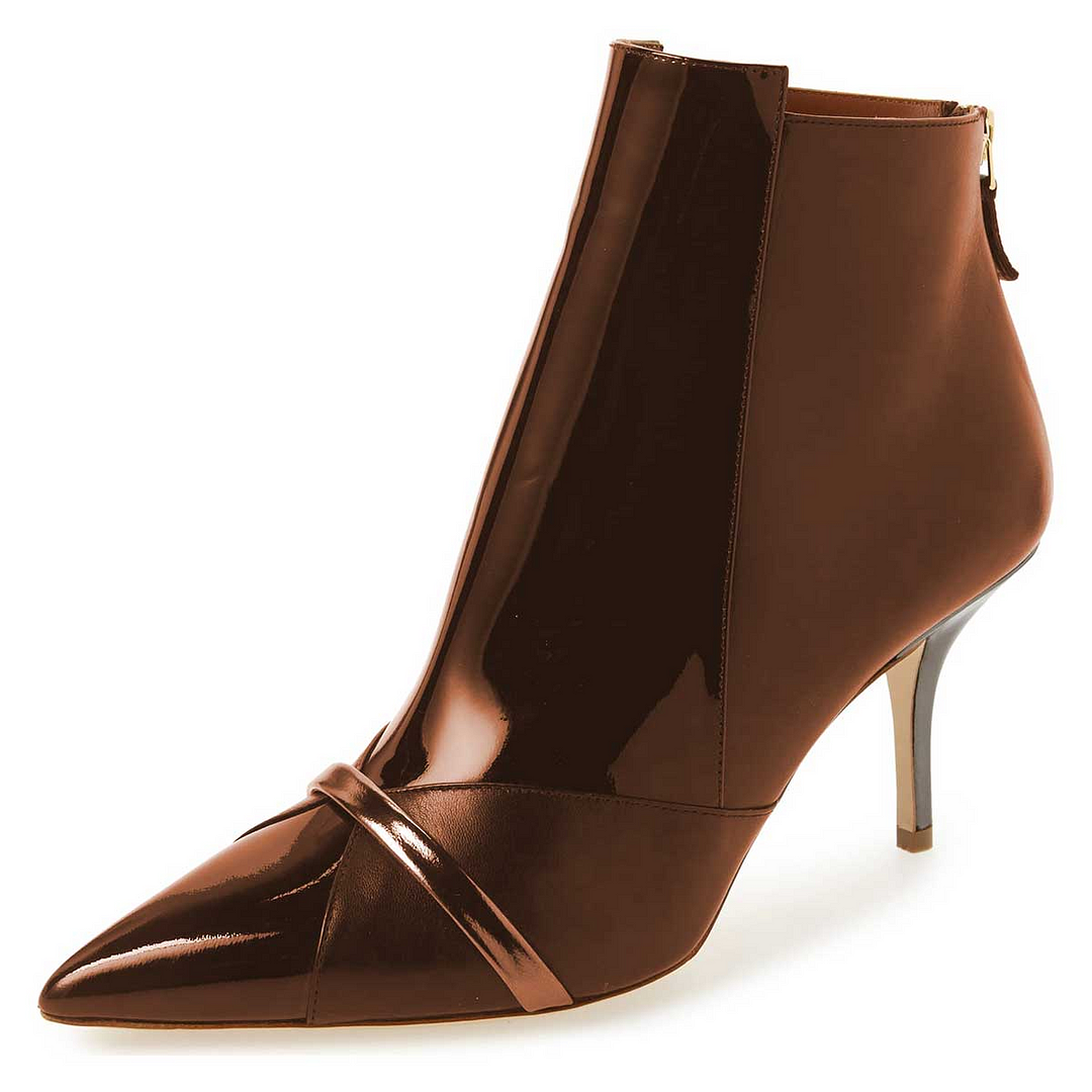 Brown Color-block Leather Ankle Boots With Kitten Heels Nicepairs