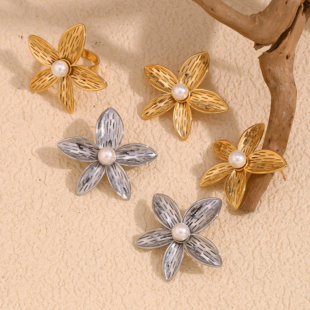 Vintage Earrings Stainless Steel 18K Gold Plated Frangipani Pearl Flower Ring For Women