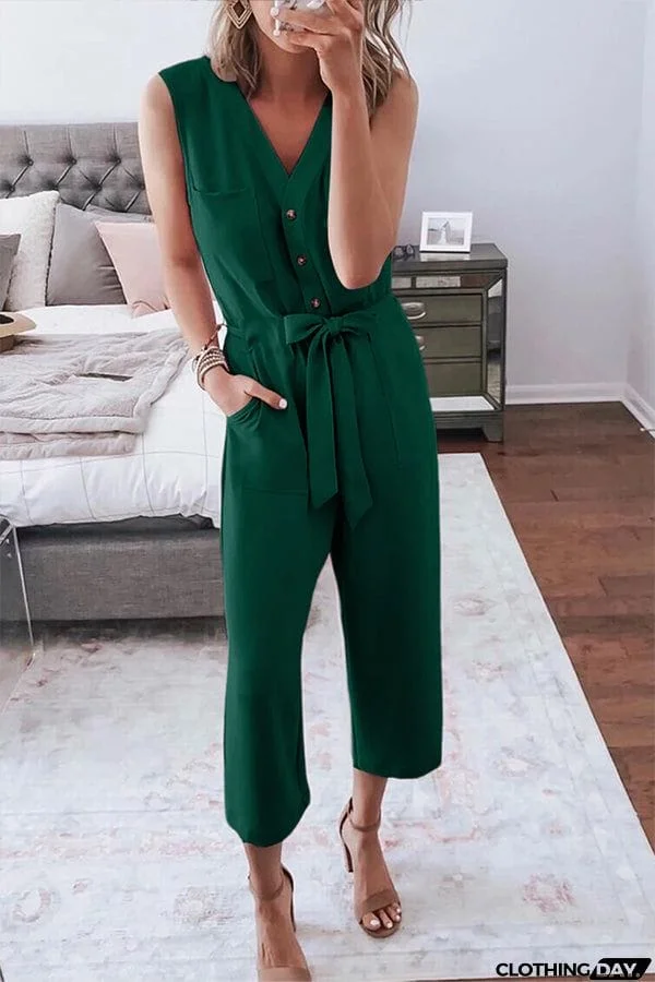 Buttoned Sleeveless Cropped Jumpsuit With Sash