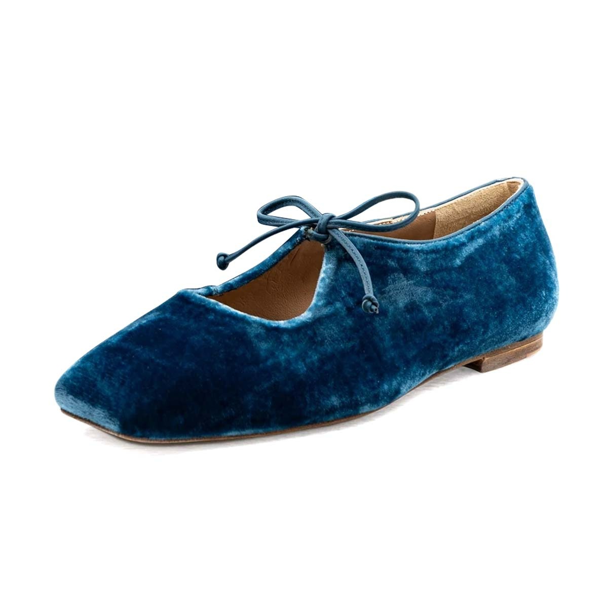 Blue Velvet Closed Square Toe Lace Up Ballet Flat Shoes Women Nicepairs