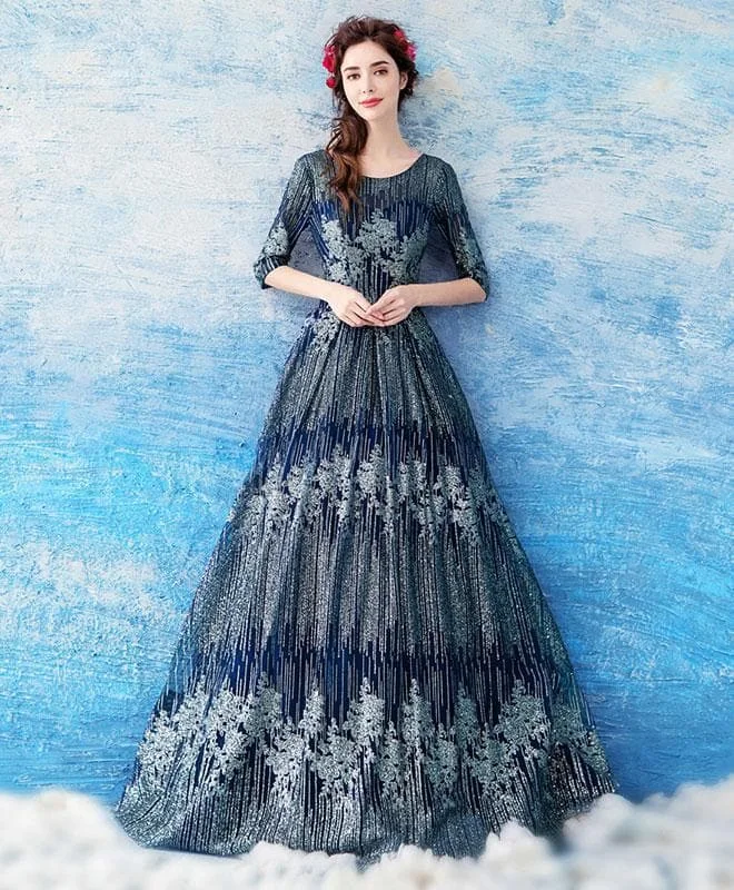 Unique Dark Blue Lace Long Prom Dress, Blue Evening Dress