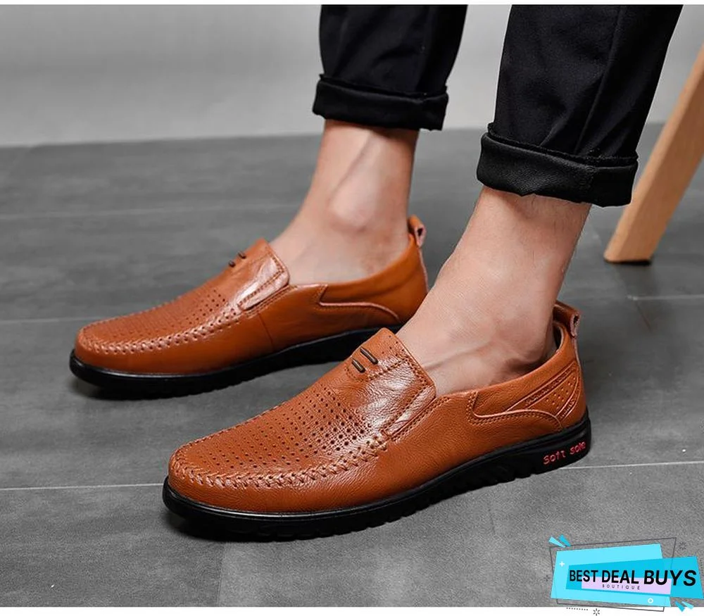 New Openwork Men Black Loafer Perforated Shoes Leather Flats Driving Shoes Business Men's Shoes