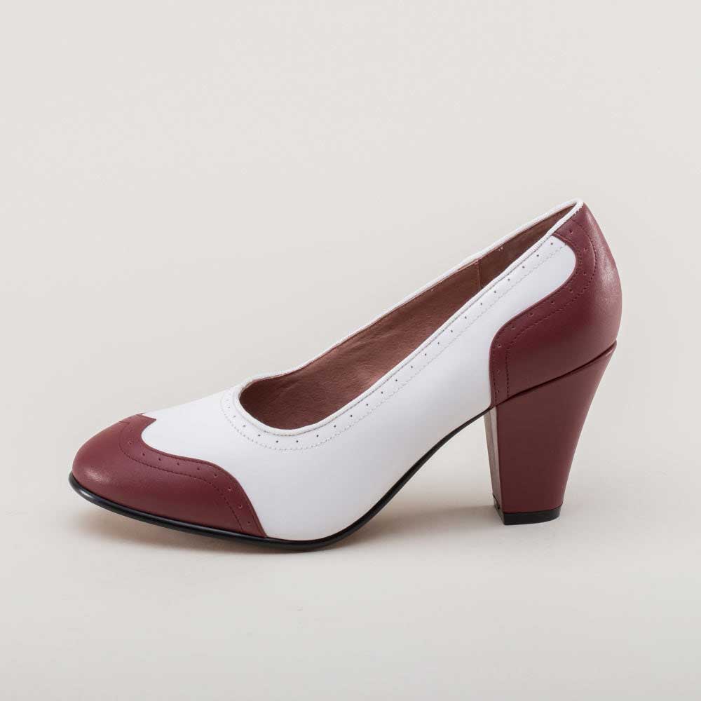 White & Maroon Round Toe 3‘’ Block Heel Vintage Pumps for Women Nicepairs