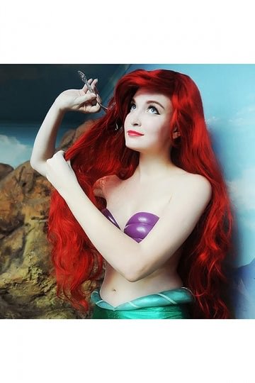 Ariel Mermaid Princess Cosplay Long Curly Wig For Halloween Party Red-elleschic