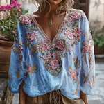 Bohemian Three-dimensional Pink Floral Sequin V-neck Long-sleeved Top - Image 5
