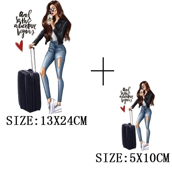 Traveling Girls Iron On Transfers For Hoodies DIY Washable Thermal Stickers On T-shirt Funny Design On Clothes Patches Appliqued
