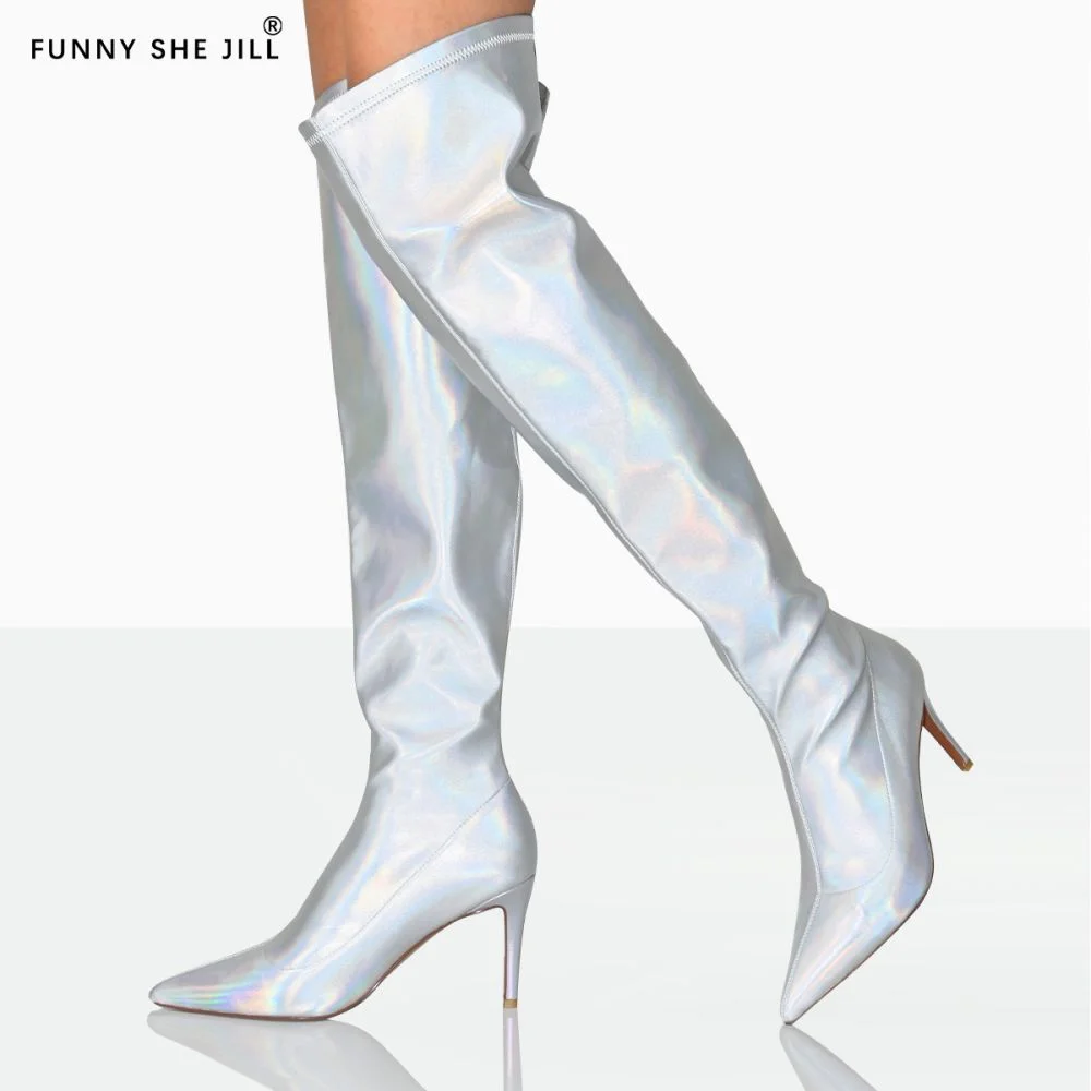 Glossy Silver Over The Knee Boots Patent Leather Laser Knee Boots Nicepairs