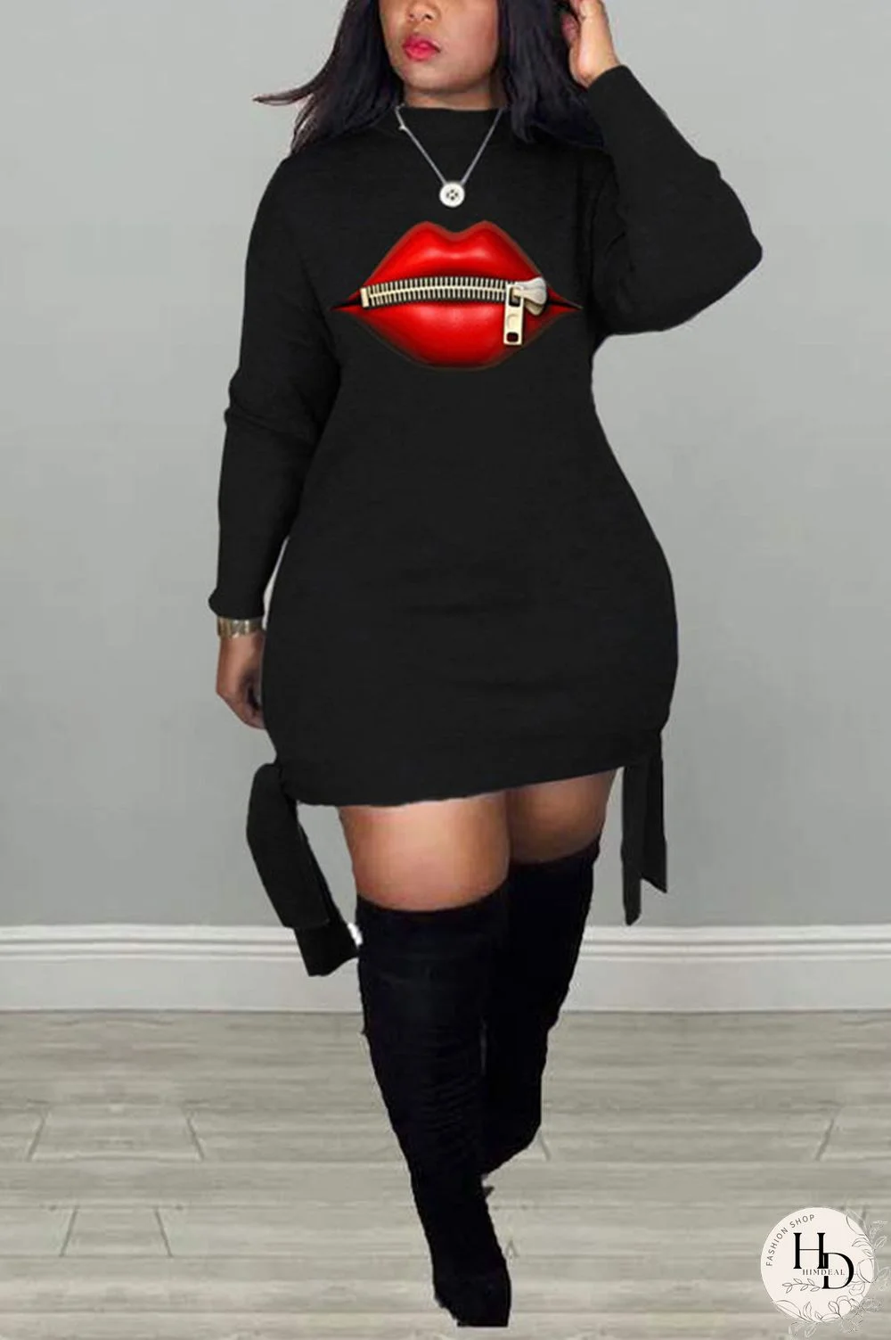 Black Casual Long Sleeves O neck Pencil Dress skirt Print lip Dresses