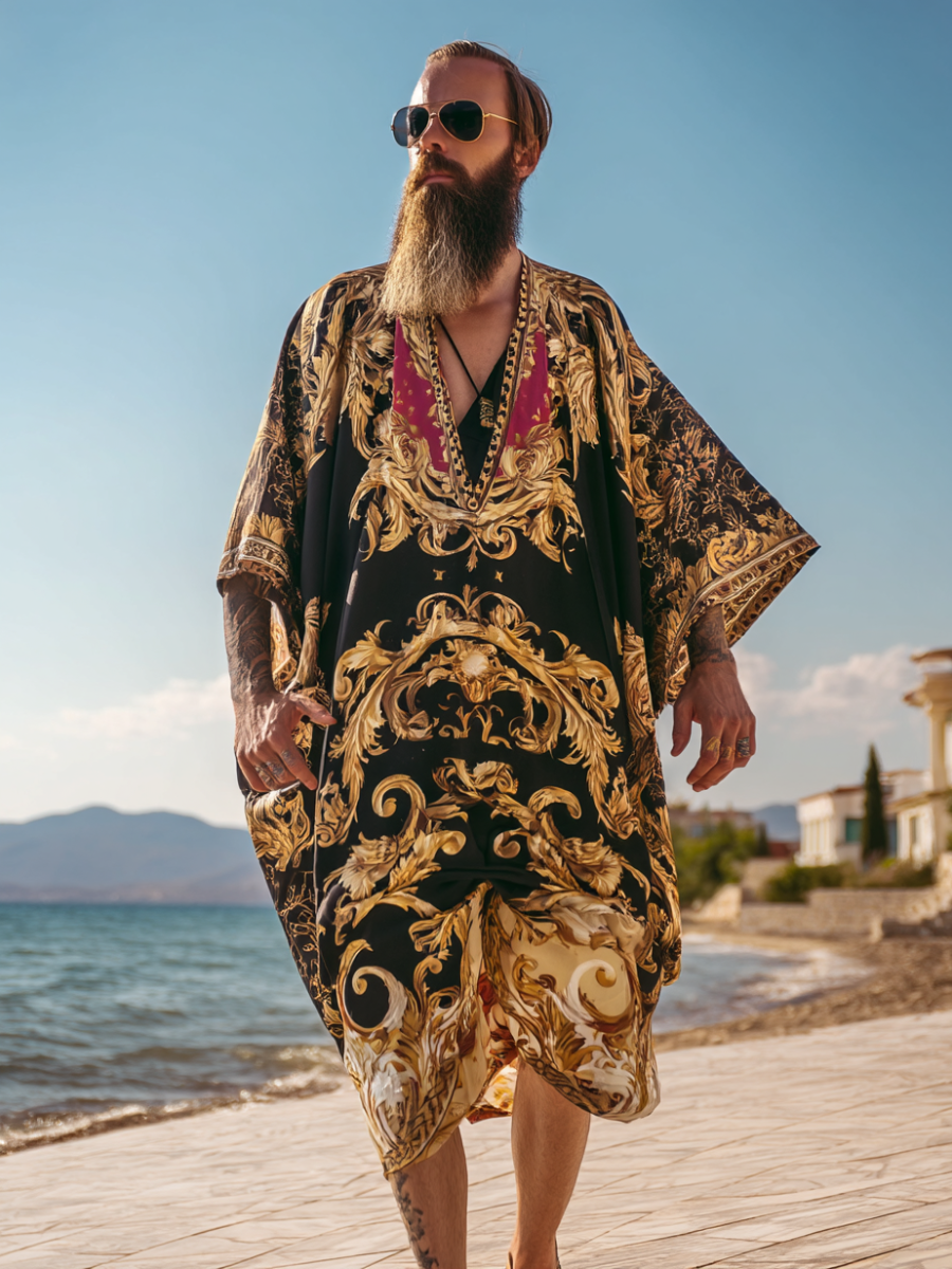 Men's Black and Gold Polyester V-Neck Robe