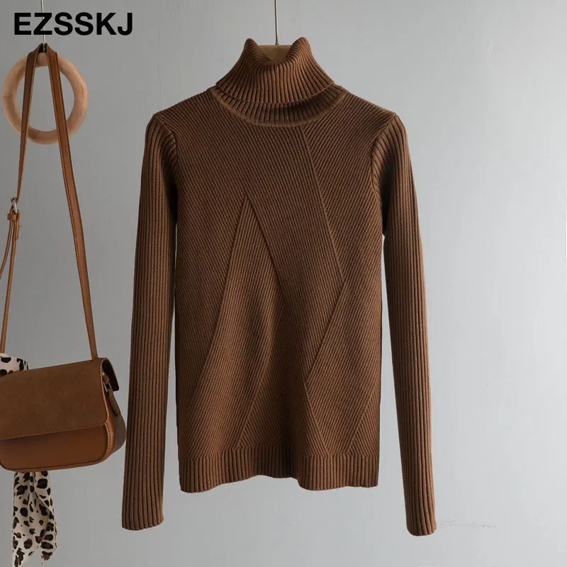 2021 thick Knitted Women high neck Sweater Pullovers Turtleneck Autumn Winter Basic Women Sweaters Slim khaki jacket Pullovers