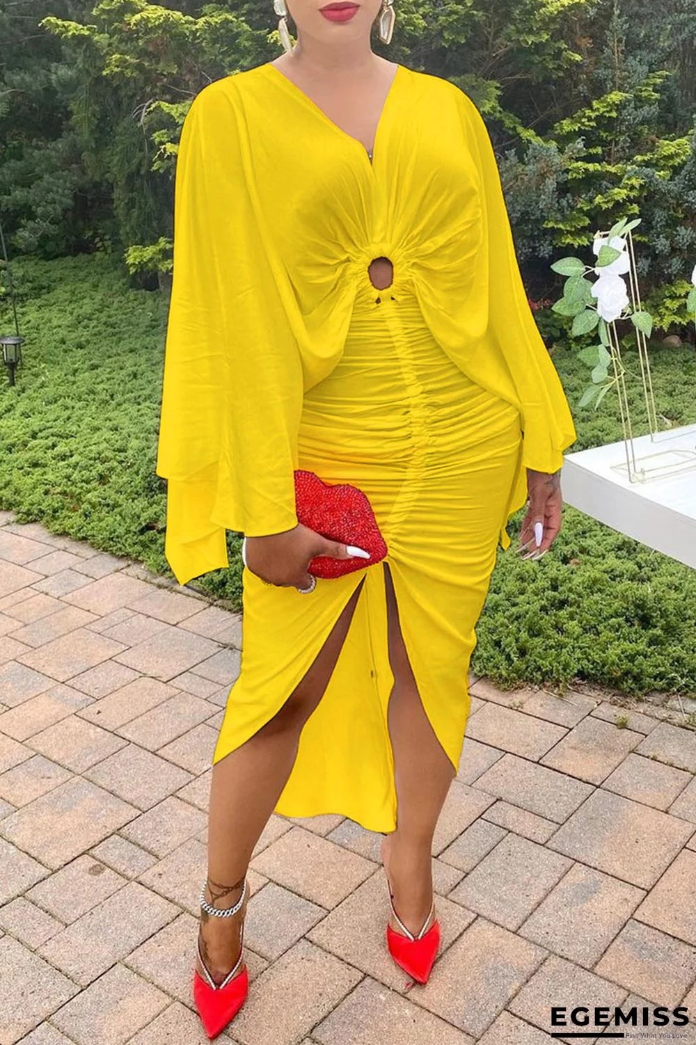 Yellow Fashion Solid Hollowed Out Fold Asymmetrical V Neck Long Sleeve Dresses | EGEMISS