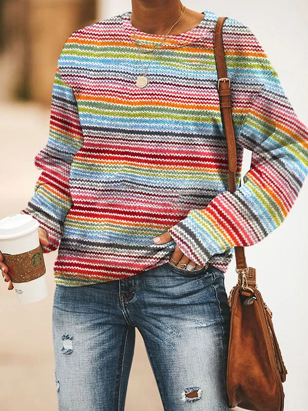 Women's Colorful Striped Print Crew Neck Sweatshirt