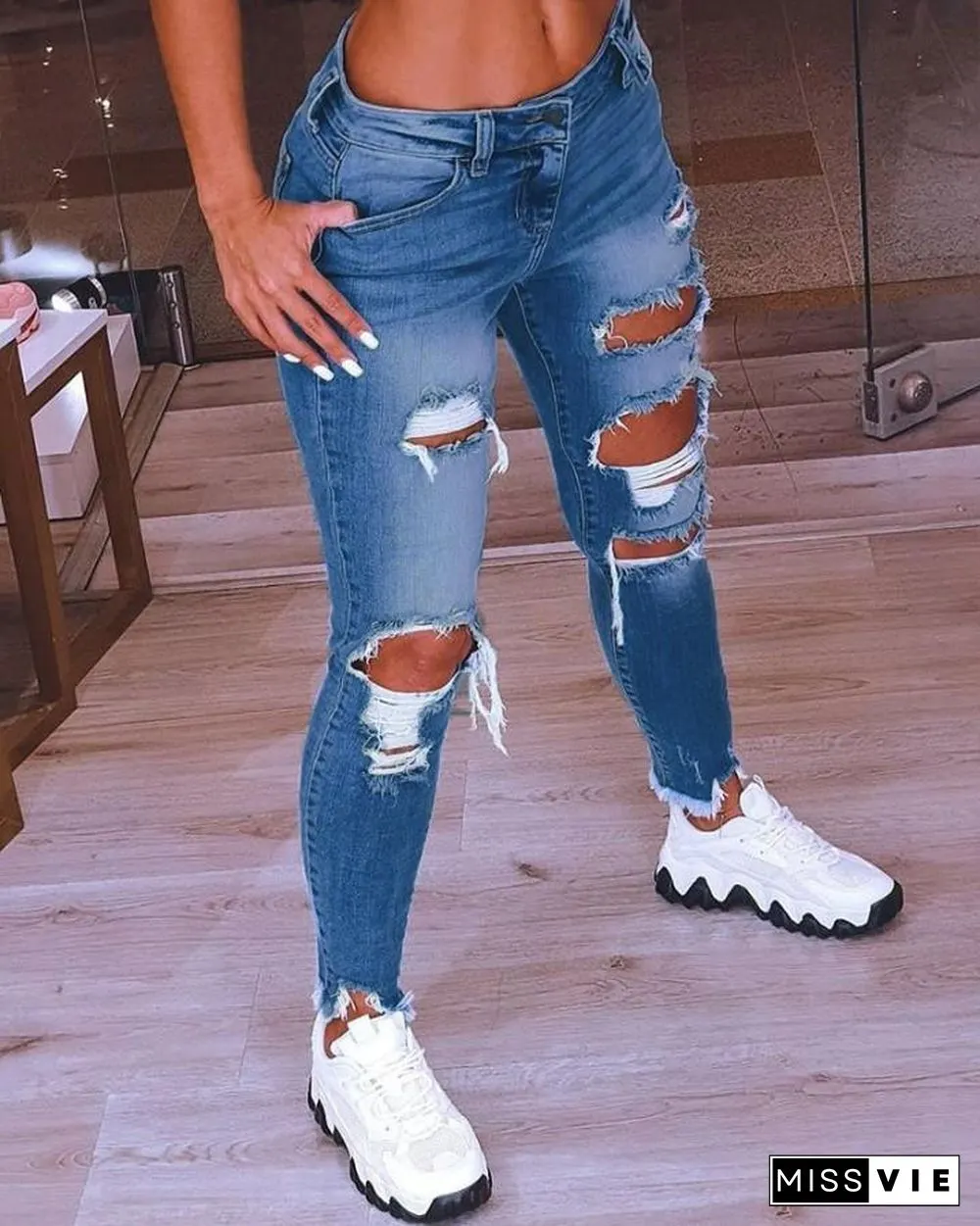 Fringe Hem Cutout Distressed Denim Pants P12077