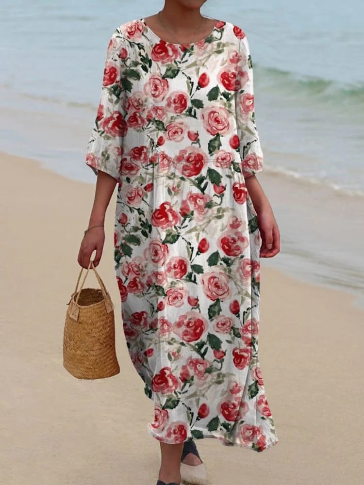 Women's Vintage Floral Art Print Pocket Cotton Dress