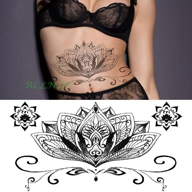Sdrawing Temporary Tattoo Sticker leaf flower plant black sketch Fake Tatoo Breast Chest Back Belly Flash Tatto For Women Girl