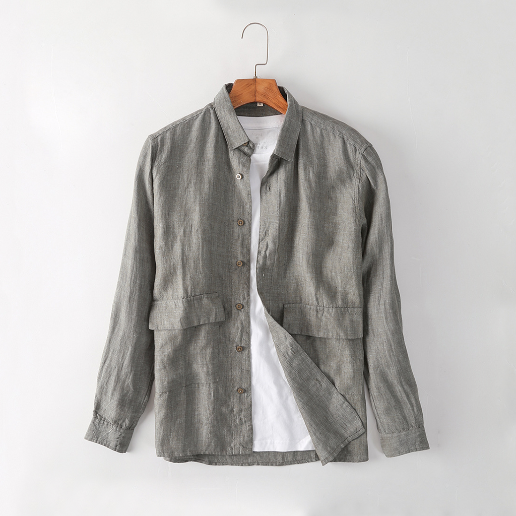 Linen Shirt Men 100% Linen Double Pocket Shirt Casual REAL SILK LIFE