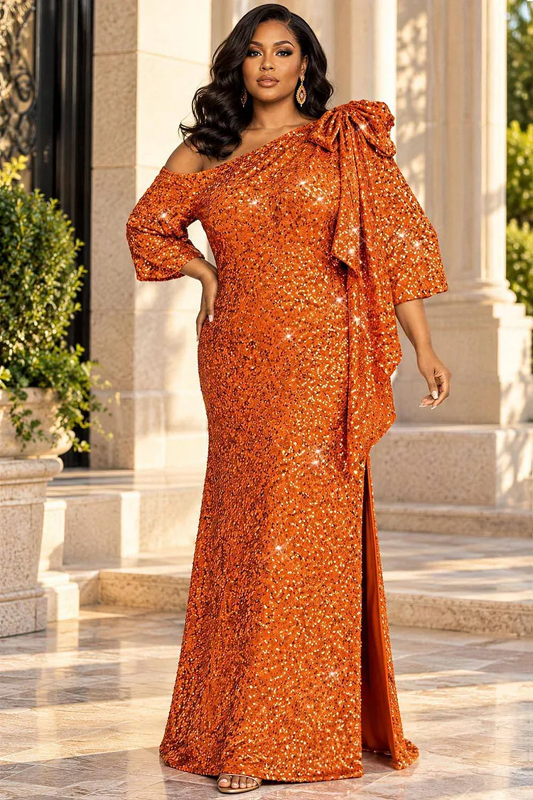 Xpluswear Design Plus Size Cocktail Party Orange Oblique Collar 3/4 Sleeve Bow Tie Split Sequin Maxi Dresses [Pre-Order] 2024 - Xpluswear
