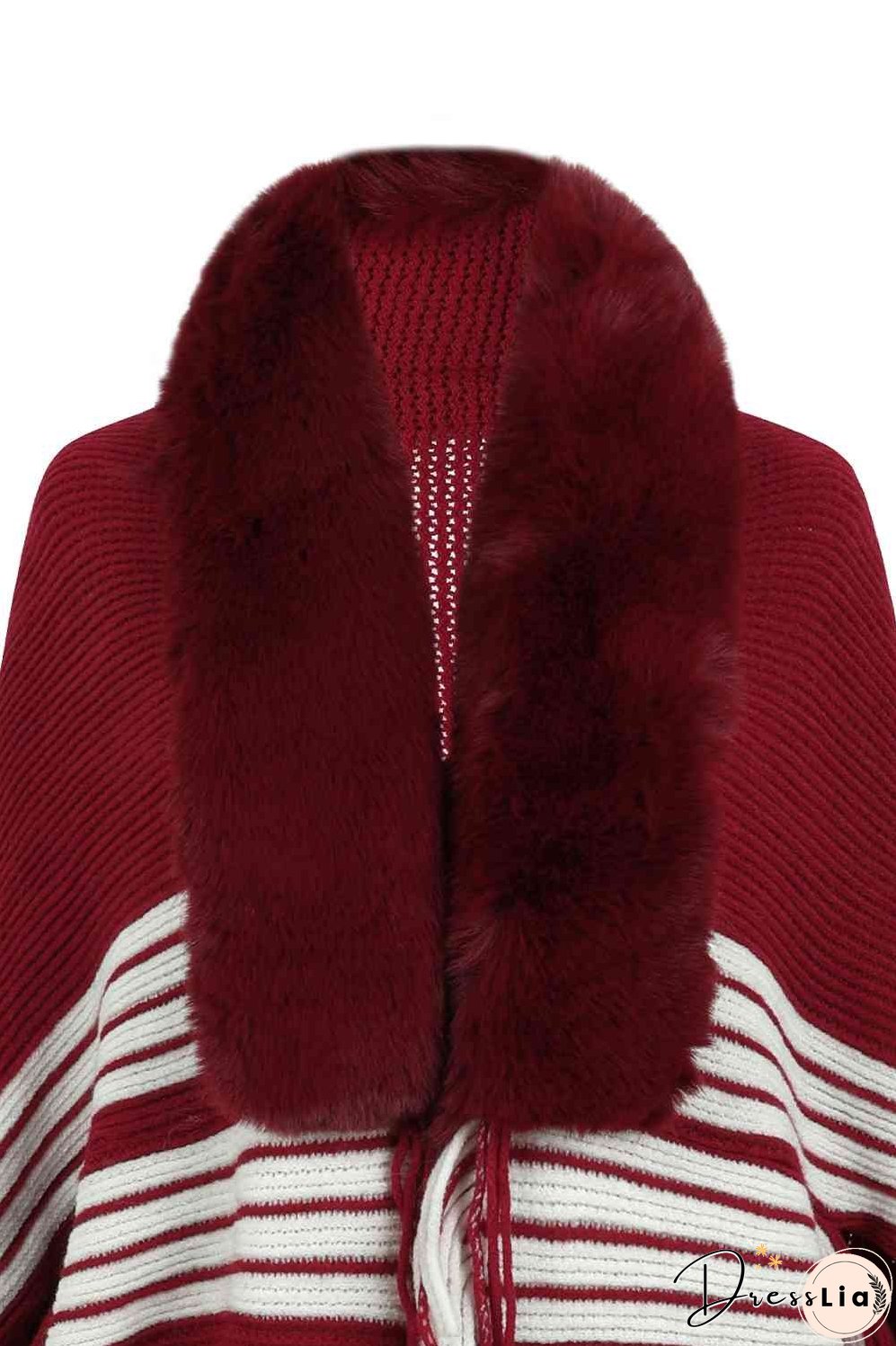 Striped Fringe Detail Long Sleeve Poncho