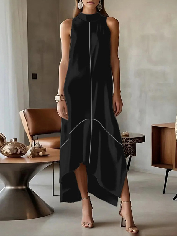 Sleeveless Split-Joint Split-Side High Neck Maxi Dresses BLACK-S