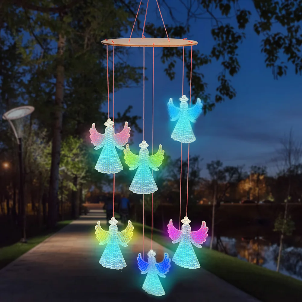 DIY Luminous Angel Double Sided Diamond Painting Hanging Pendant Feather Wind Chime