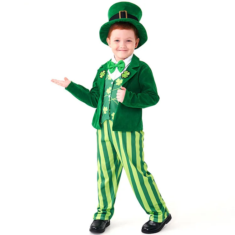 Kids Children St. Patrick's Day Green Striped Suit Outfits Cosplay Costume Carnival Suit
