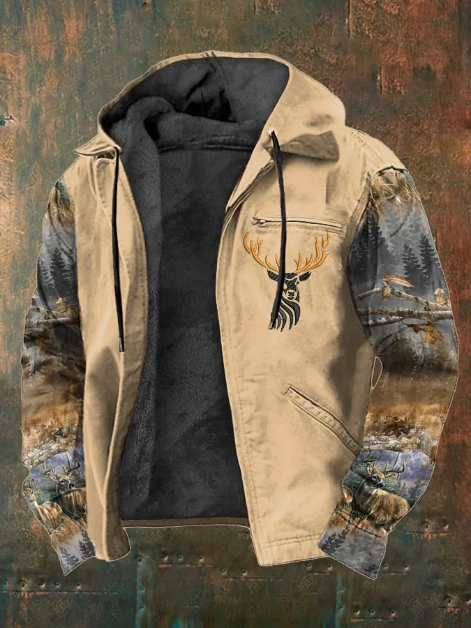 Men's Western Style Vintage Elk Plush Multi-Pocket Jacket