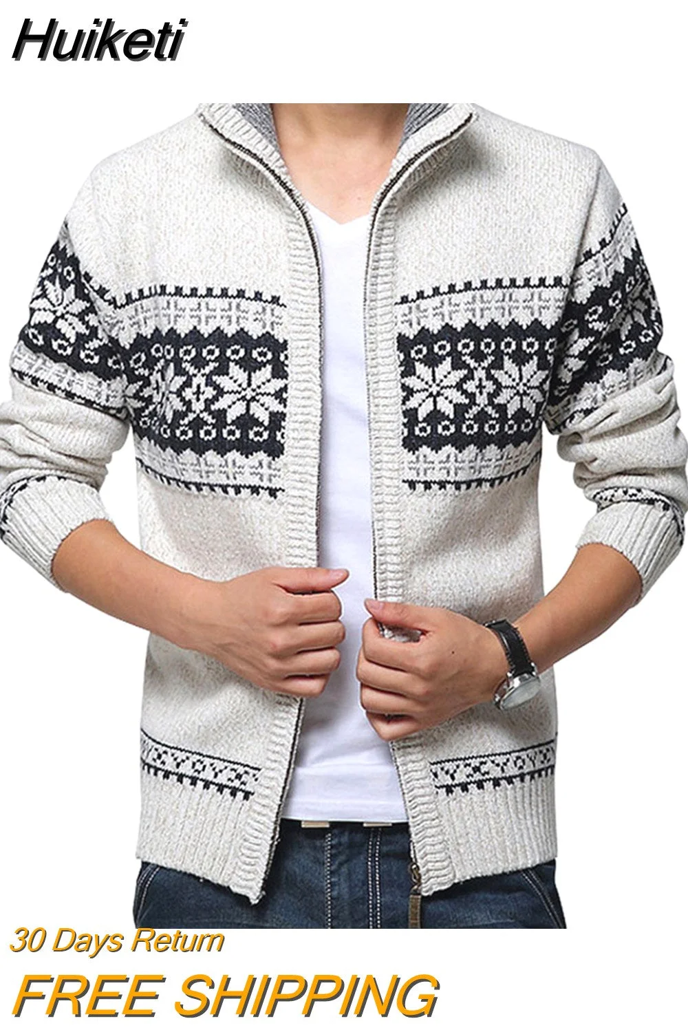 Huiketi Autumn Winter Men's Sweater Wool Men Mandarin Collar Solid Color Casual Sweater Men's Thick Fit Brand Knitted Cardigans