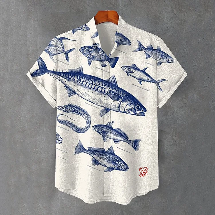 Men's Vintage Boho Sardines Flowing Specimen Art Print Casual Short Sleeve Shirt