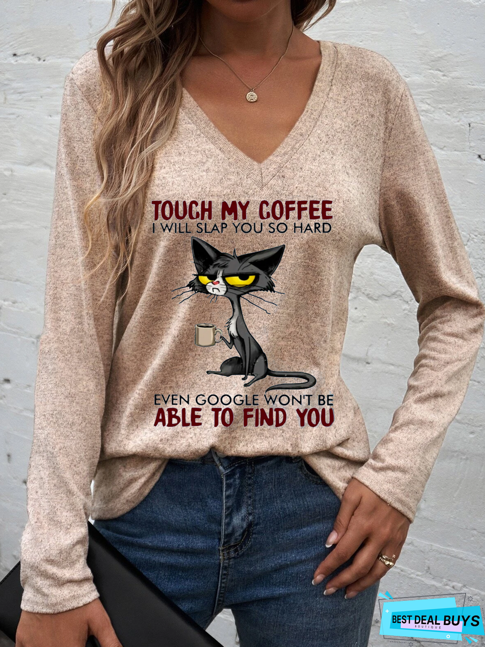 Cat Drinking Coffee Touch My Coffee Funny Letters T-Shirt
